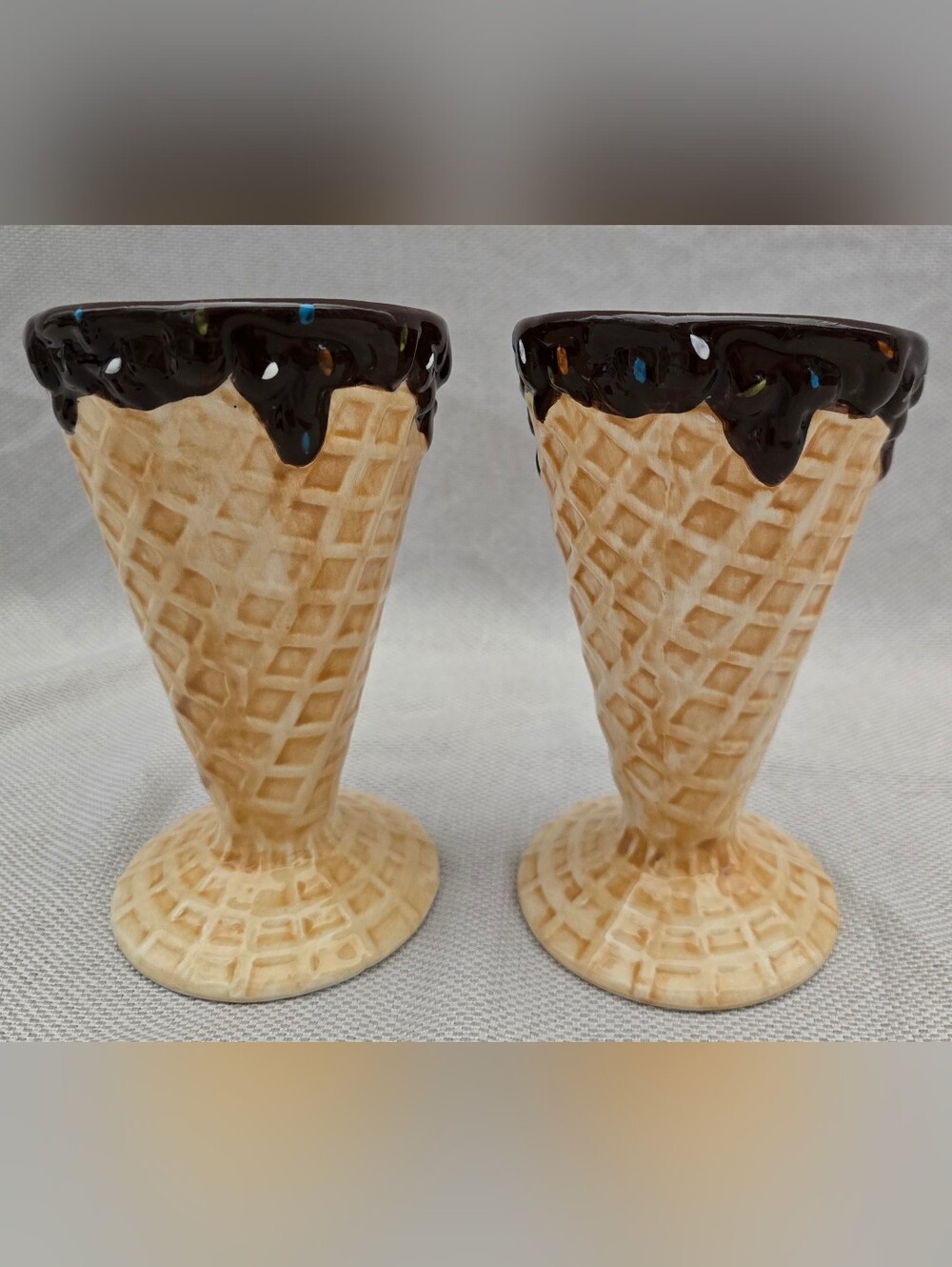 Set of 2 - 7" Tall Waffle Cone Shaped CERAMIC ICE CREAM SUNDAE DISH